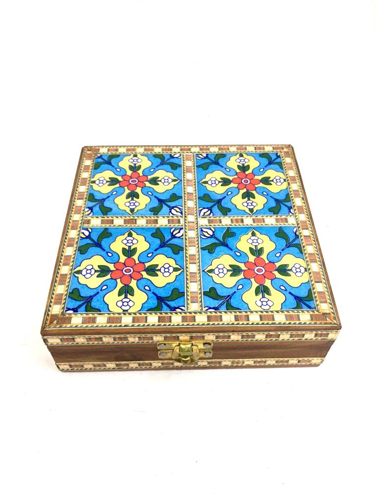 4 Tiles Blue Pottery Wooden Storage Box Handcrafted With Love Tamrapatra