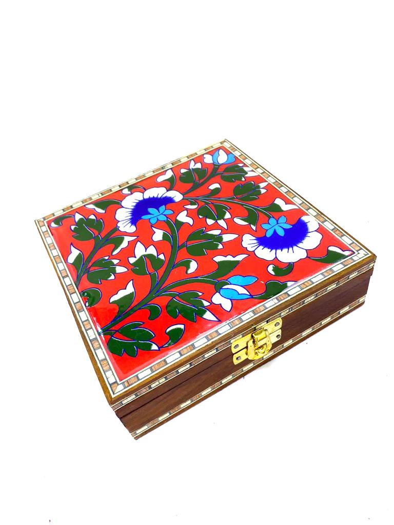 Blue Pottery Tile Wooden Box Storage Utility Jewelry New Arrival Tamrapatra