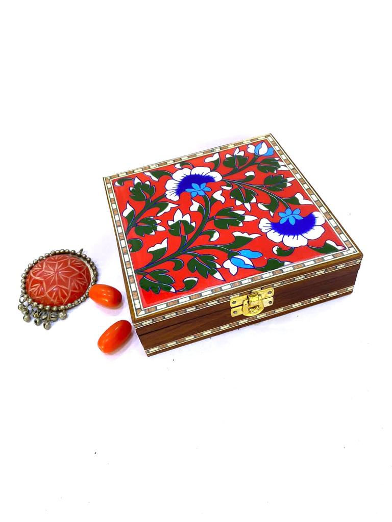 Blue Pottery Tile Wooden Box Storage Utility Jewelry New Arrival Tamrapatra