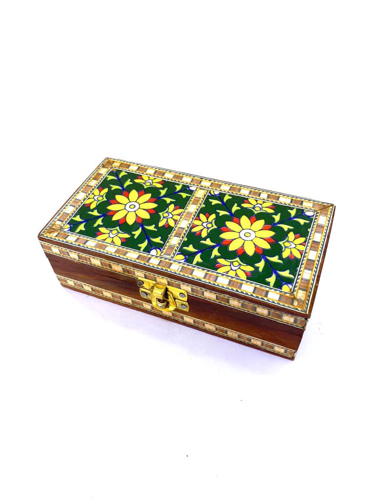 Two Tile Storage Box Wooden Blue pottery in Various Shades By Tamrapatra