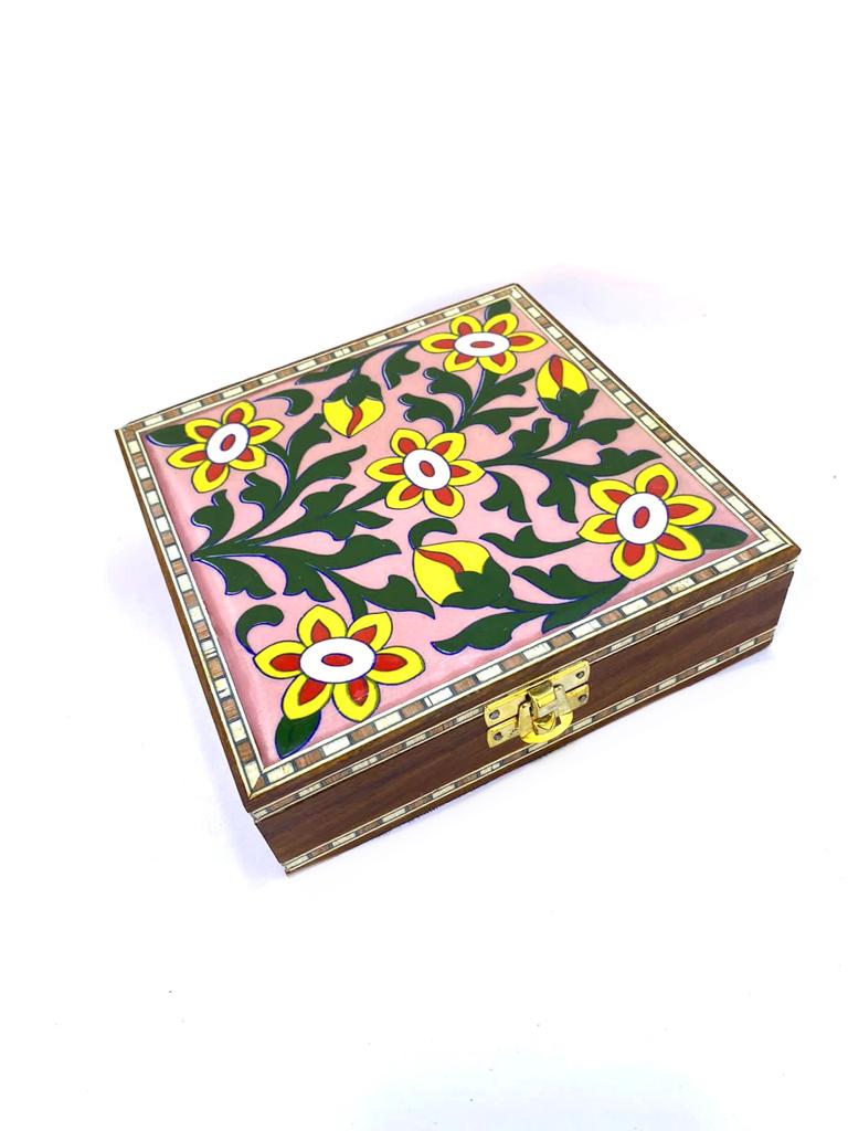 Blue Pottery Tile Wooden Box Storage Utility Jewelry New Arrival Tamrapatra