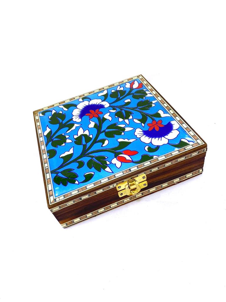 Blue Pottery Tile Wooden Box Storage Utility Jewelry New Arrival Tamrapatra