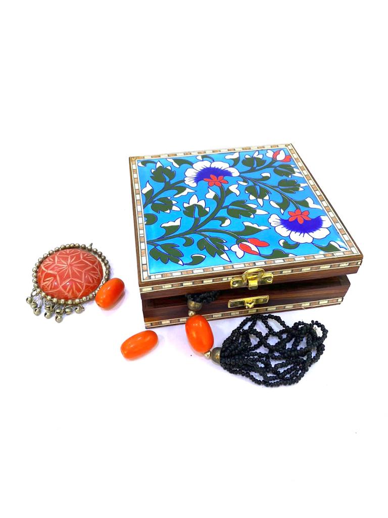 Blue Pottery Tile Wooden Box Storage Utility Jewelry New Arrival Tamrapatra