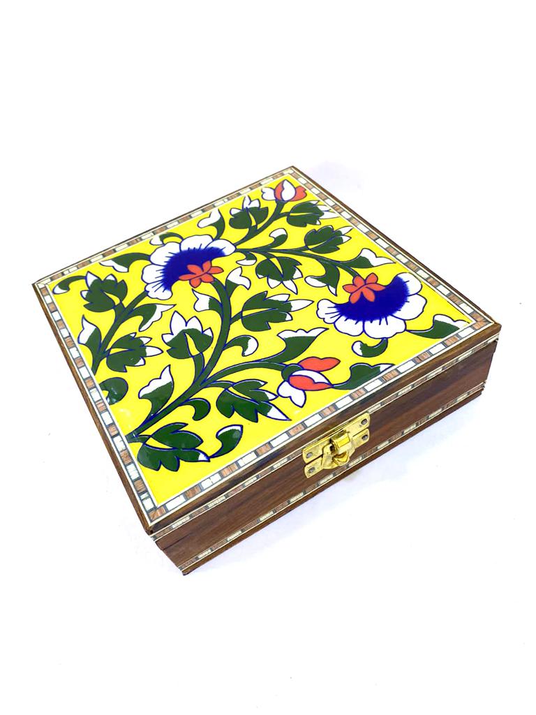 Blue Pottery Tile Wooden Box Storage Utility Jewelry New Arrival Tamrapatra