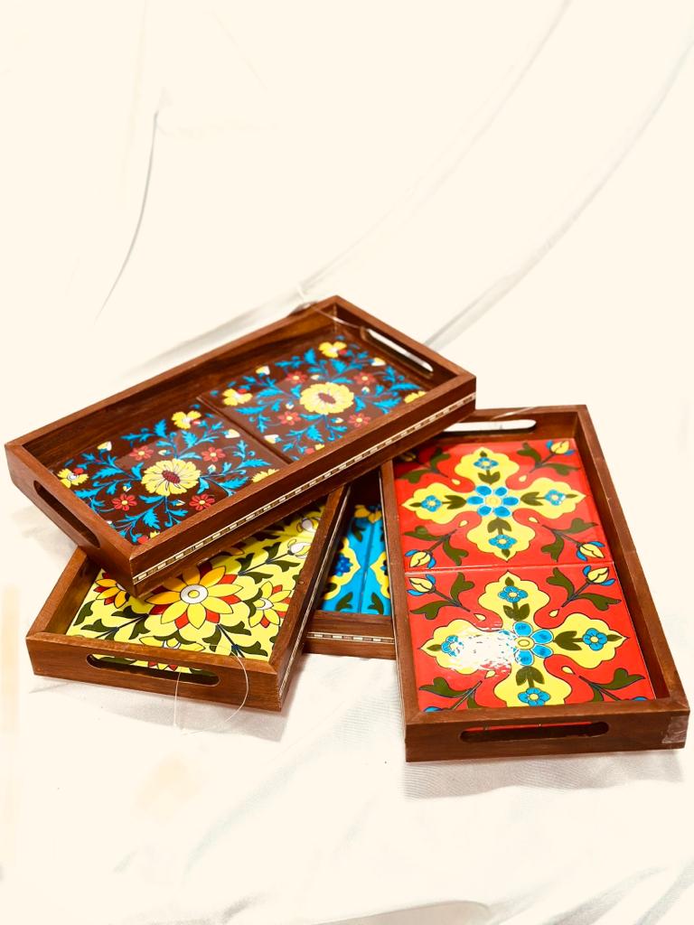 Blue Pottery Tiles Tray Serving Snacks Designed & Handcrafted In India Tamrapatra