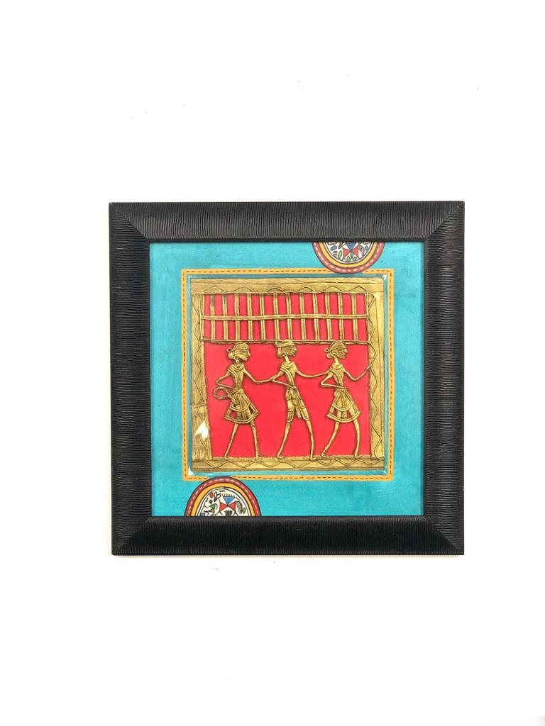 Cool Blue Shade Warli Hand Painted With Tribal Dhokra Art Frame Art Tamrapatra