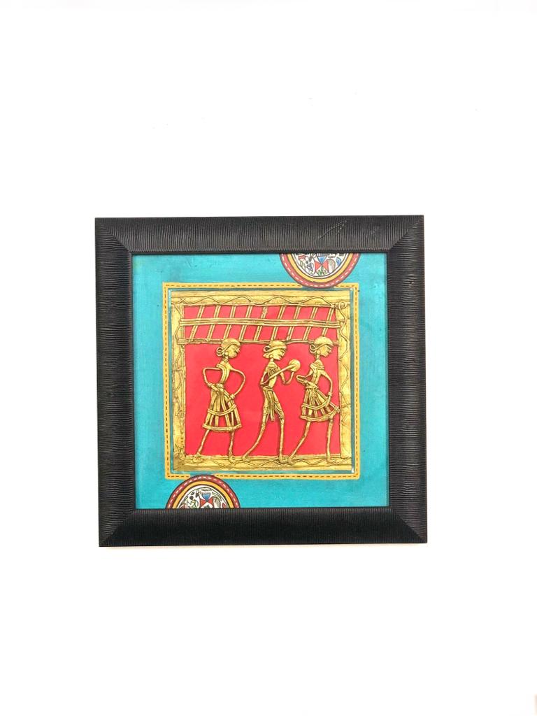 Cool Blue Shade Warli Hand Painted With Tribal Dhokra Art Frame Art Tamrapatra
