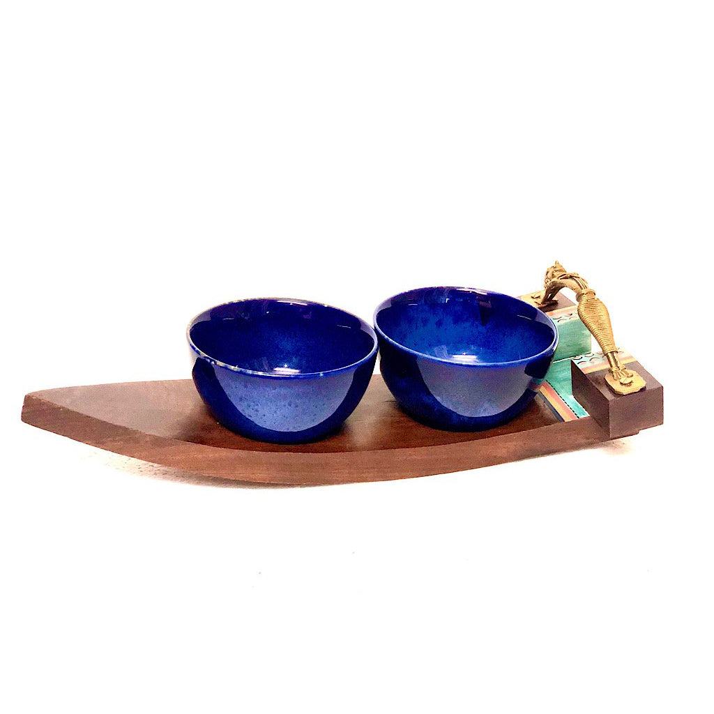 Unique Boat Shaped Wooden Tray & 2 Attractive Ceramic Bowls By Tamrapatra - Tanariri Hastakala