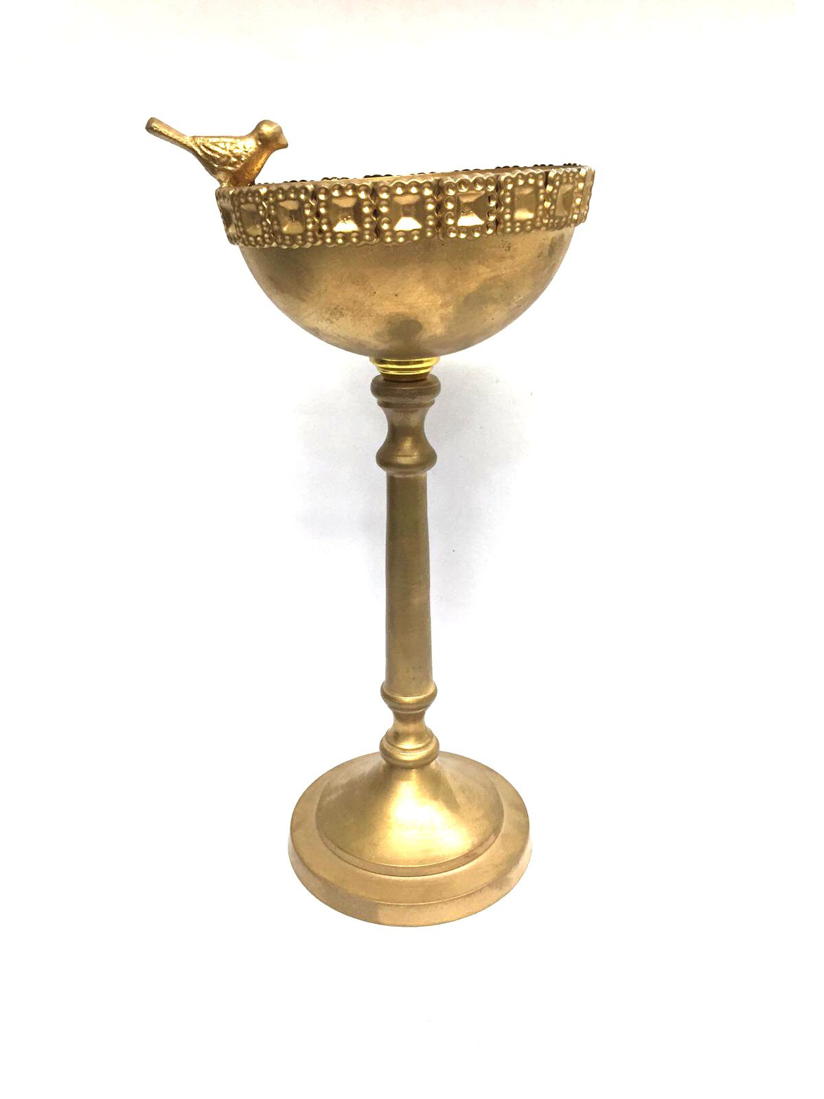 Metal Bowl Serving Stand Platter With Sitting Bird Unique Combination Tamrapatra