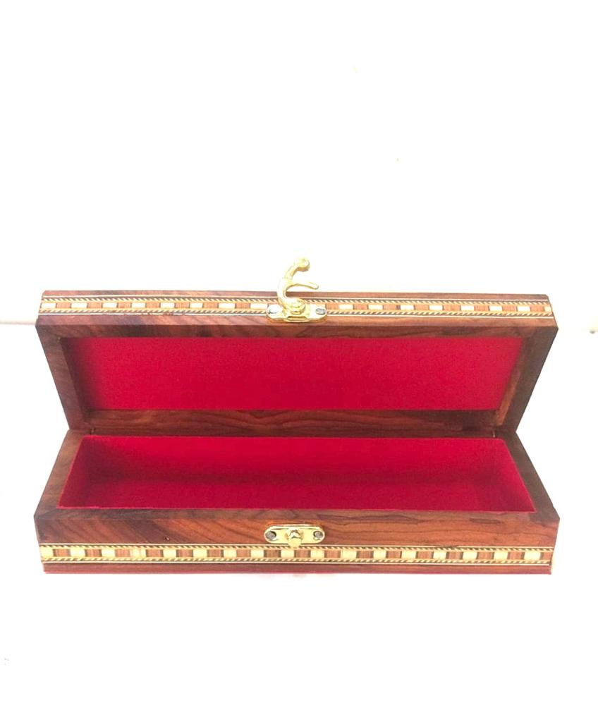 3 Tiles Blue Pottery On Wooden Storage Box With Velvet Interior By Tamrapatra