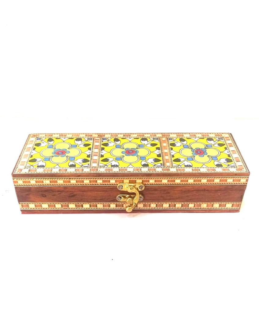 3 Tiles Blue Pottery On Wooden Storage Box With Velvet Interior By Tamrapatra