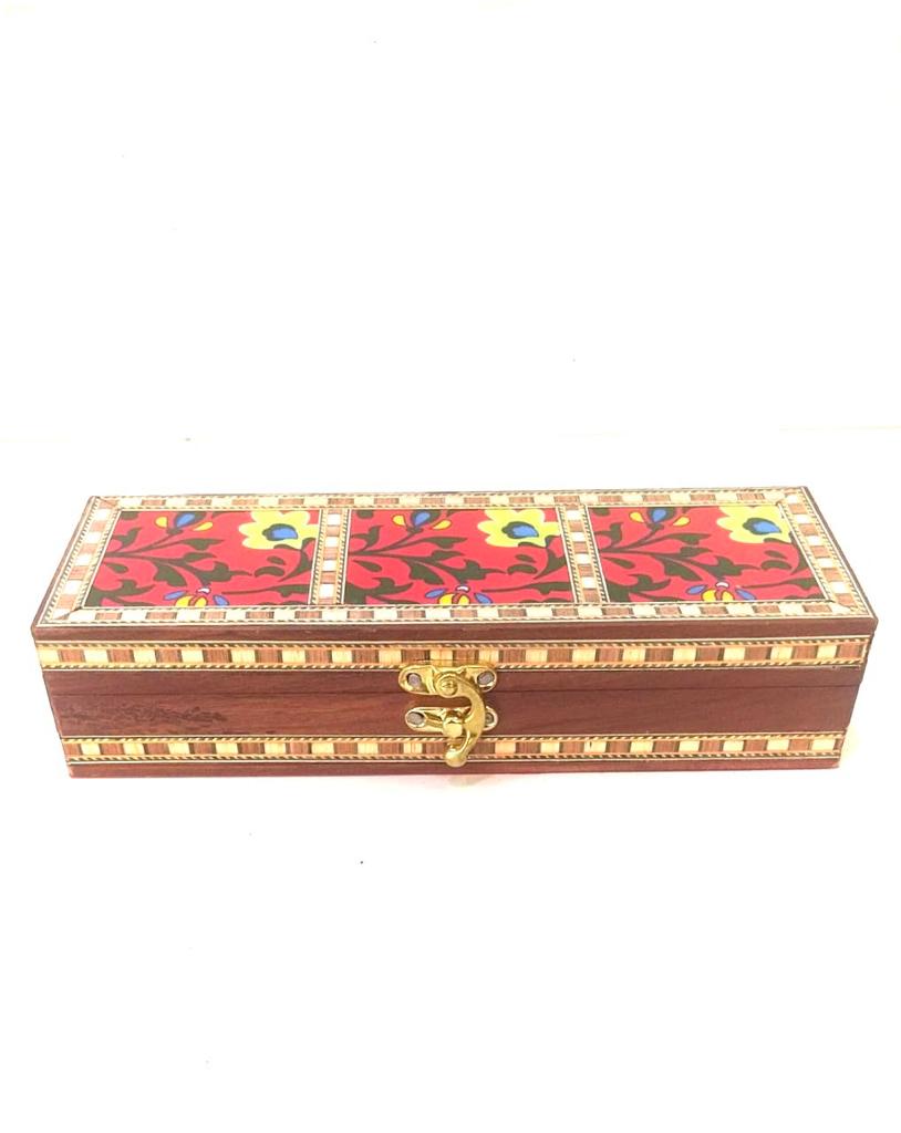 3 Tiles Blue Pottery On Wooden Storage Box With Velvet Interior By Tamrapatra