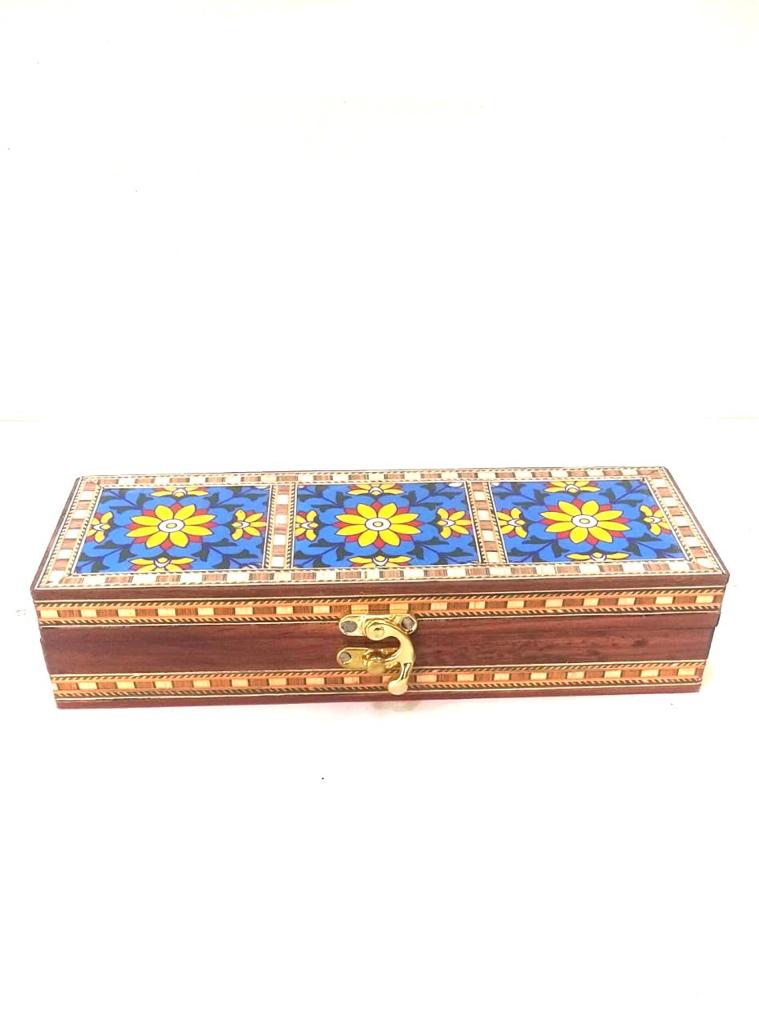 3 Tiles Blue Pottery On Wooden Storage Box With Velvet Interior By Tamrapatra