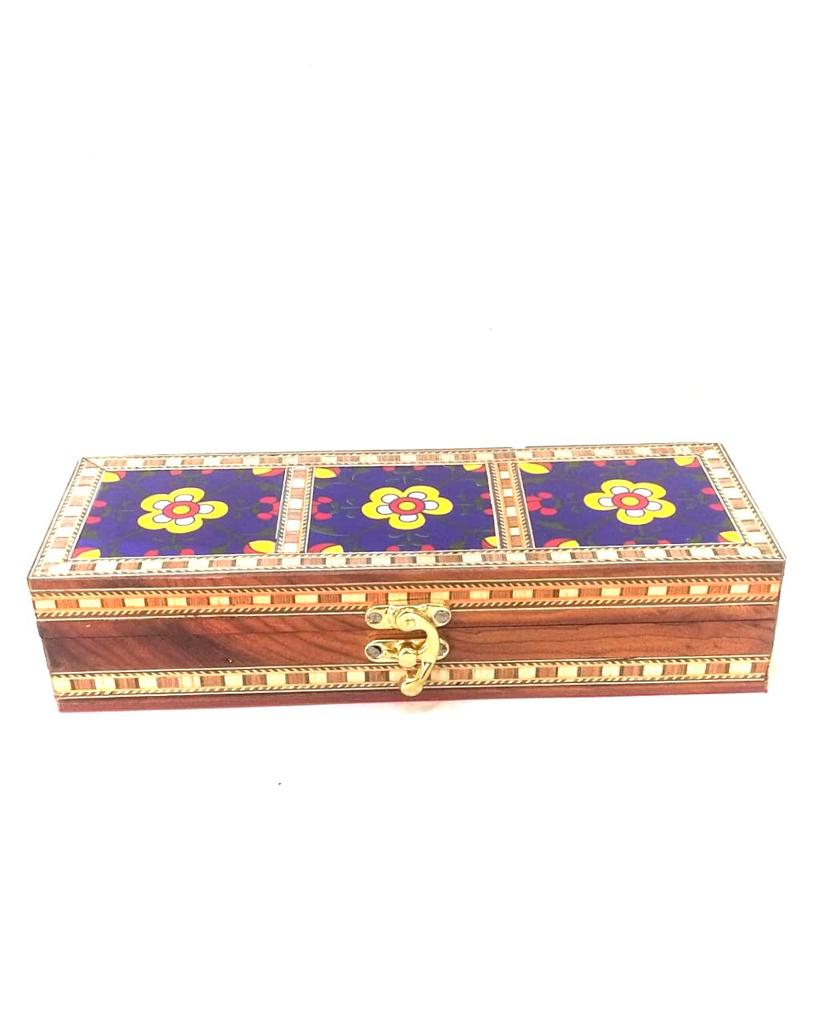 3 Tiles Blue Pottery On Wooden Storage Box With Velvet Interior By Tamrapatra