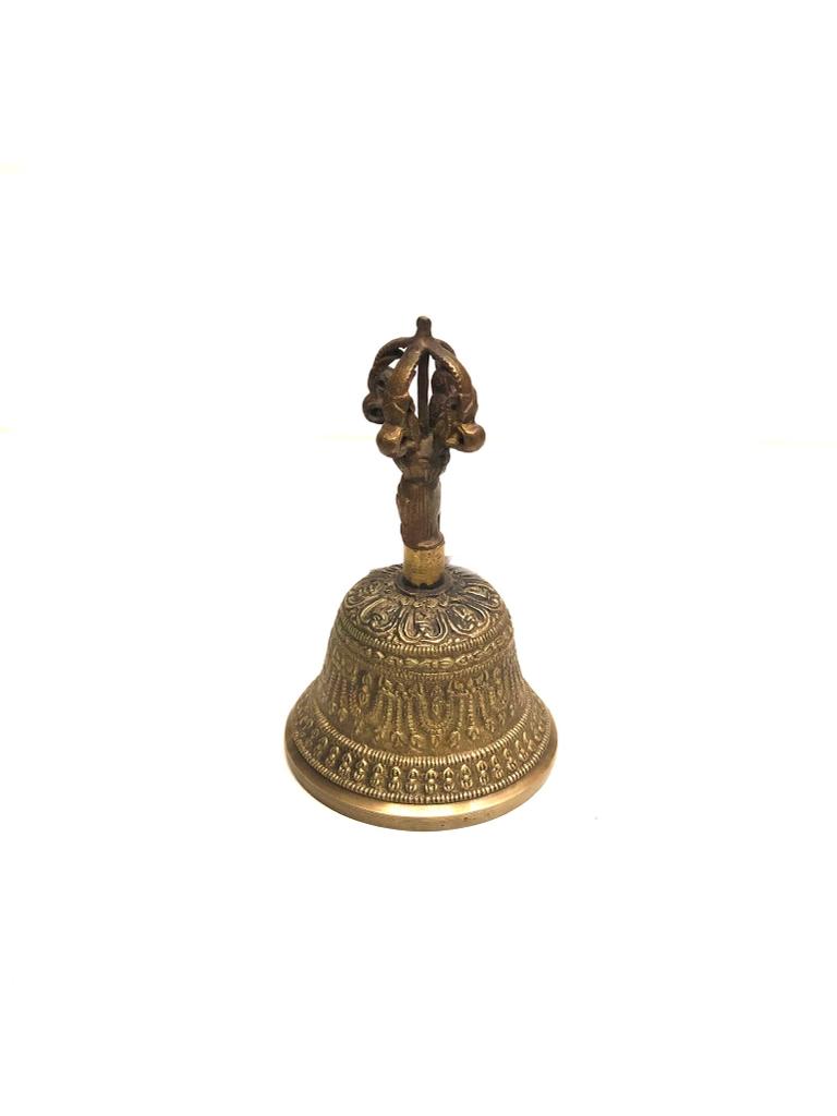 Melodious Brass Carving On Hand Bell For Prayers Pooja Temple Décor Tamrapatra