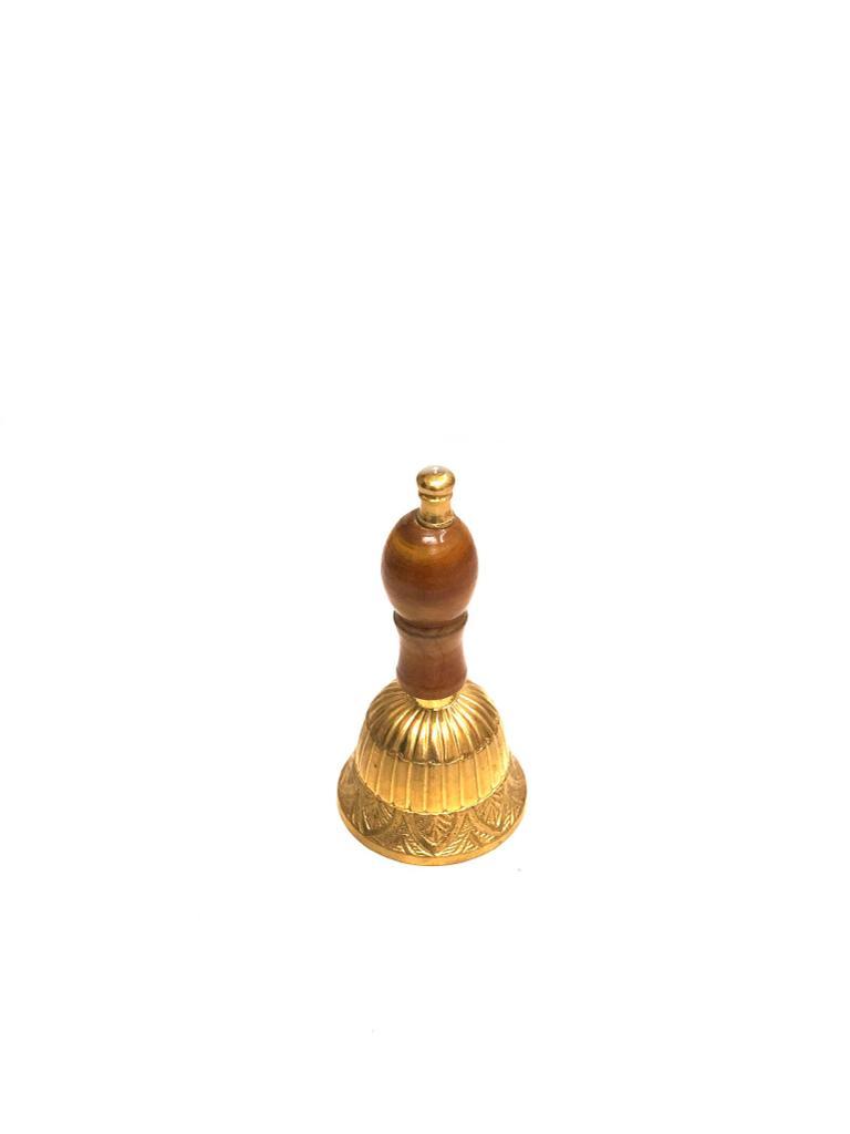 Handcrafted Brass Bells Wooden Handle Divine Collection In Sizes Tamrapatra