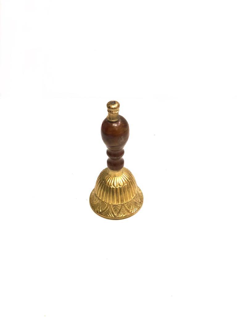 Handcrafted Brass Bells Wooden Handle Divine Collection In Sizes Tamrapatra