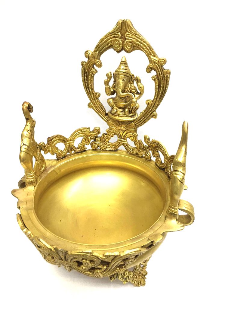 Brass Urli Pot With Almighty God Ganesh & Two Elephants Décor Tamrapatra