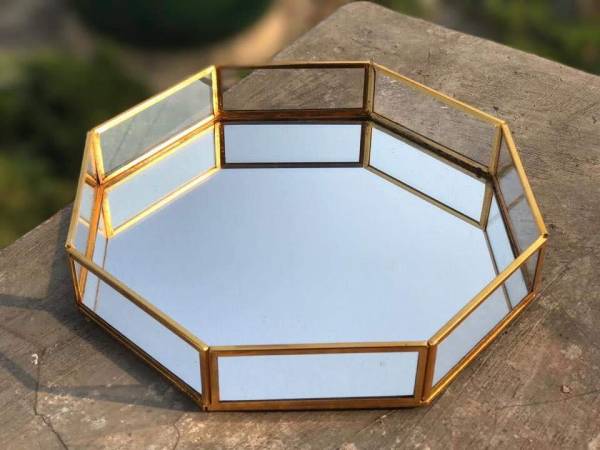 Mirror Tray With Metal Polygon Shaped Platters Handicrafts From Tamrapatra