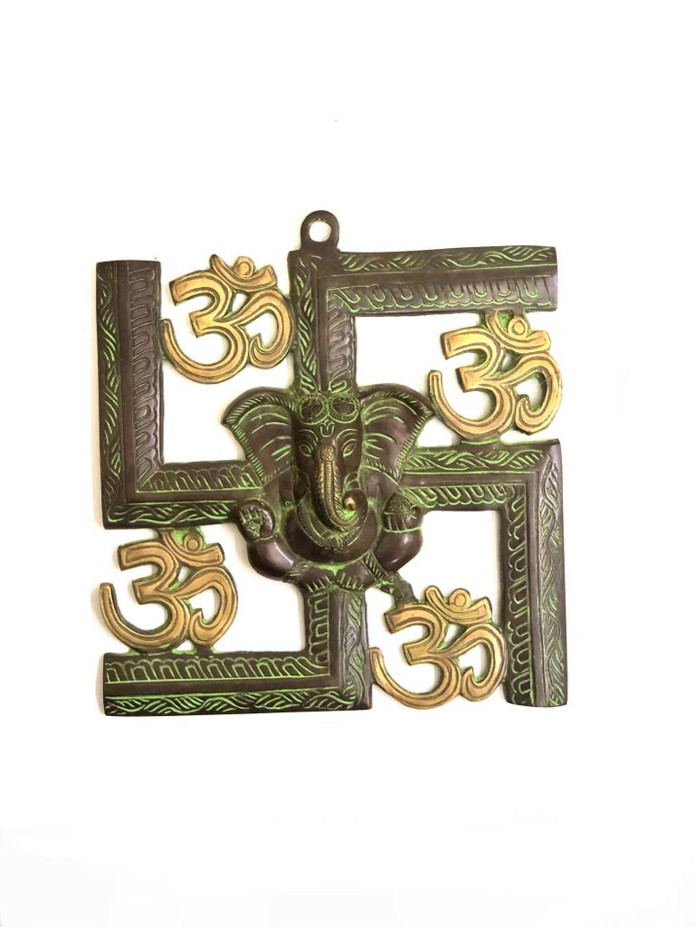 Swastik Brass Wall Décor With Om & Ganesh Vintage Lifestyle Crafts Tamrapatra