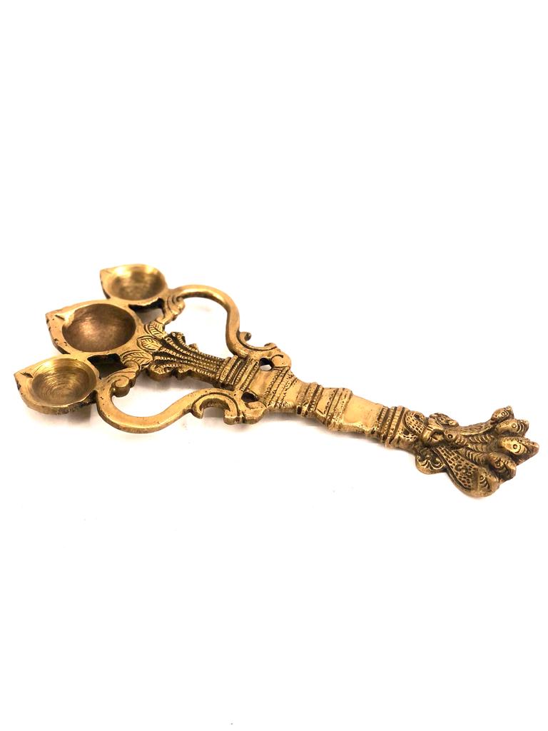 Brass 3 Diya With Handle Exclusive Religious Figure Handcrafted By Tamrapatra