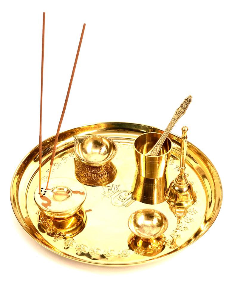 Brass Pooja Thali With Accessories Prayer Temple Divine Impressive Décor Tamrapatra