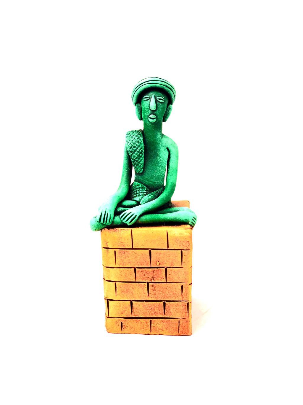 Tribal Man Sitting On Brick Conceptual Sculpture Pottery Tamrapatra - Tamrapatra