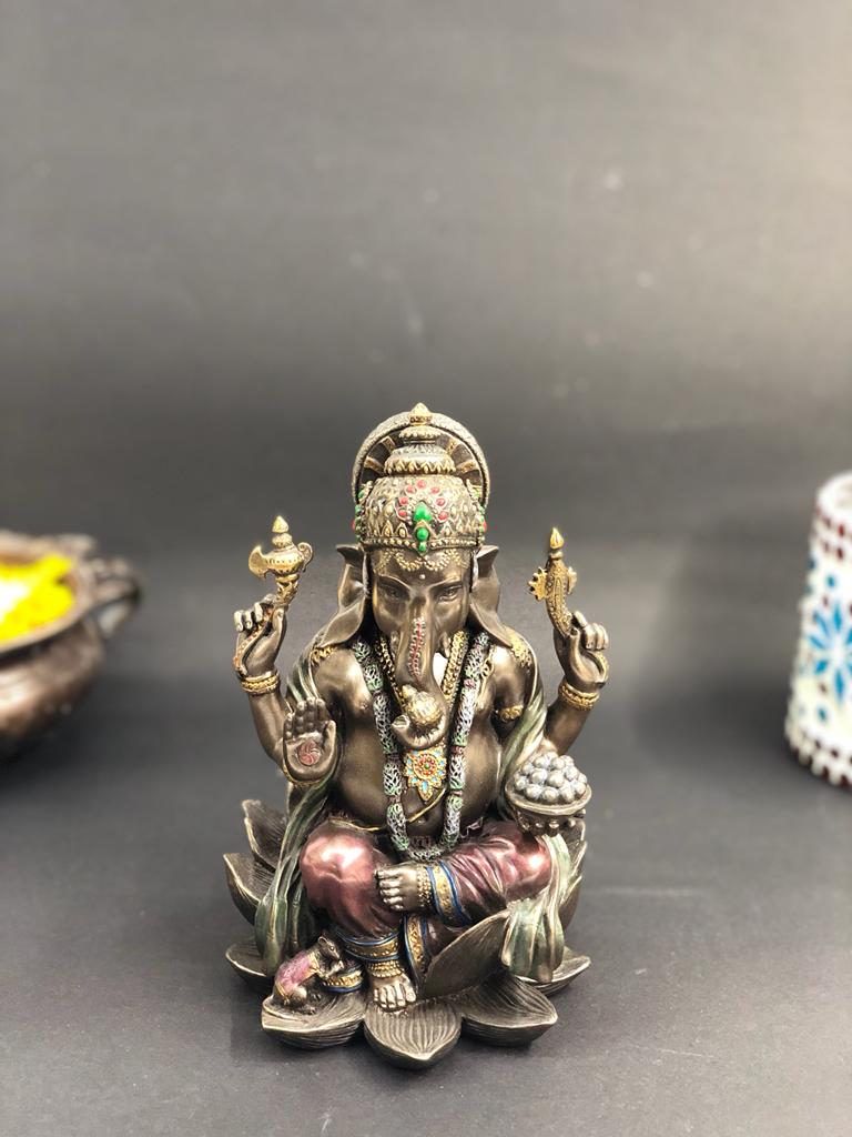 Ganesha Idol Sitting On Lotus Perfect Detailing Cold Cast Bronze By Tamrapatra