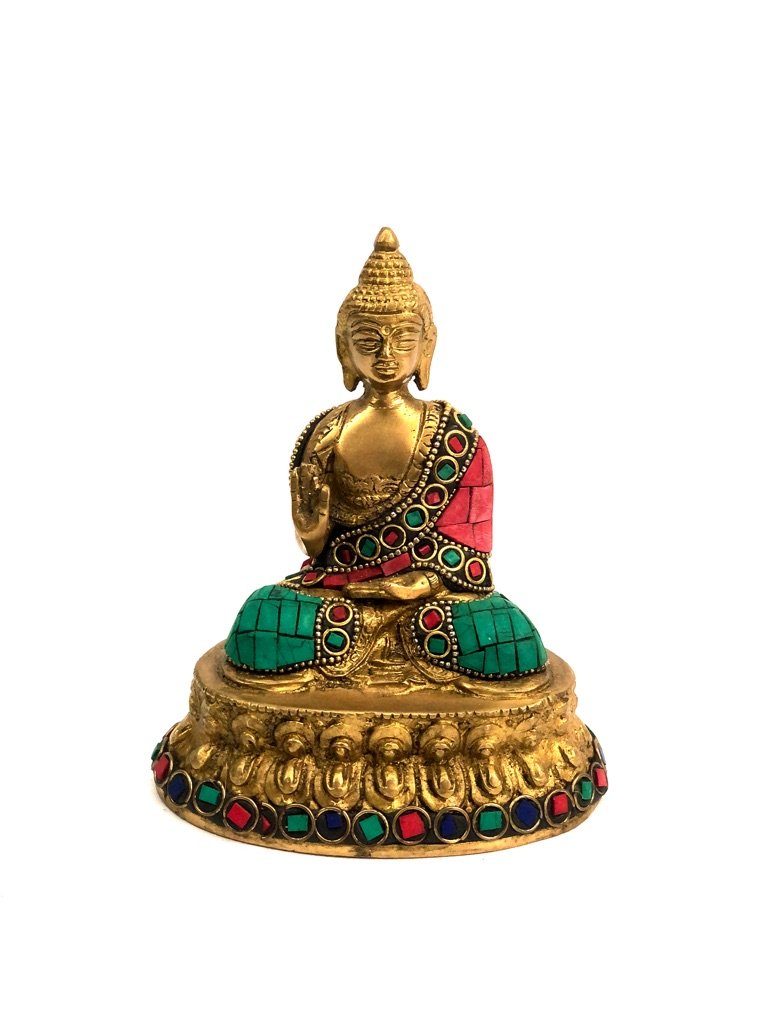 Brass Buddha Statue Multi Color Gemstones Attractive Showpiece Tamrapatra