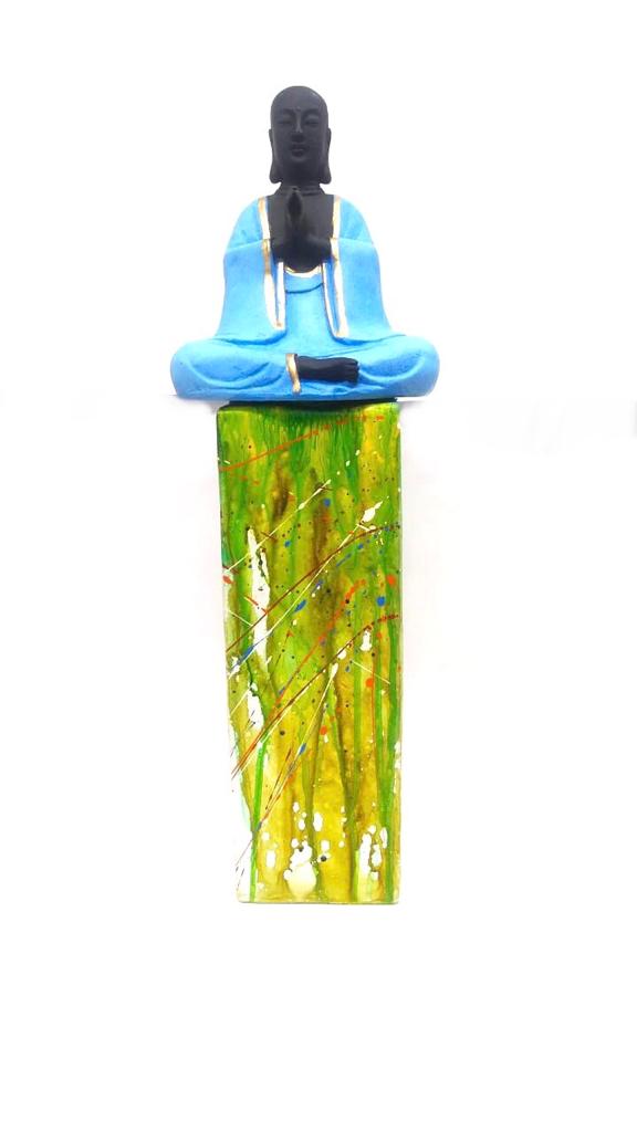 Meditating Buddha On Pillar Hand Painted By Skilled Artisans From Tamrapatra