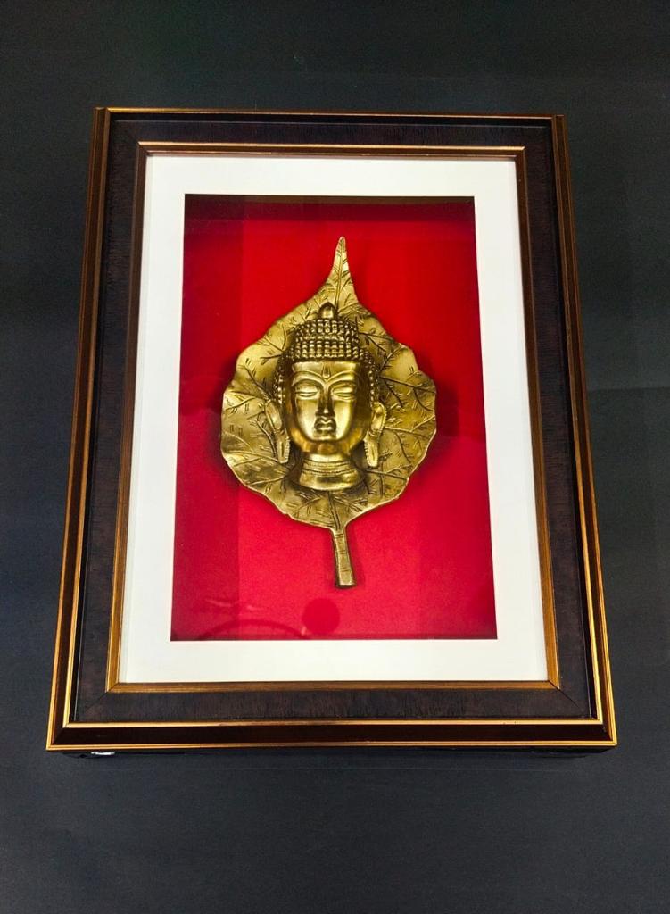 Buddha On Leaf Brass Handcrafted Enclosed In Frame With Glass LED Tamrapatra