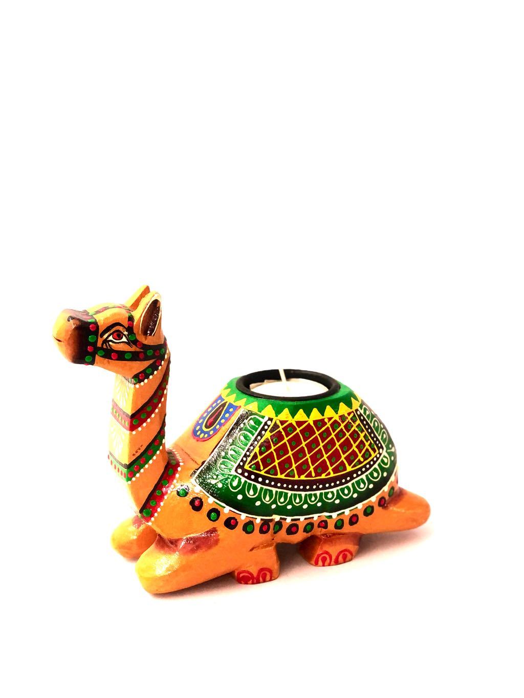 Wooden Sitting Camel Carrying Tea Light Holder On Top Decor Tamrapatra