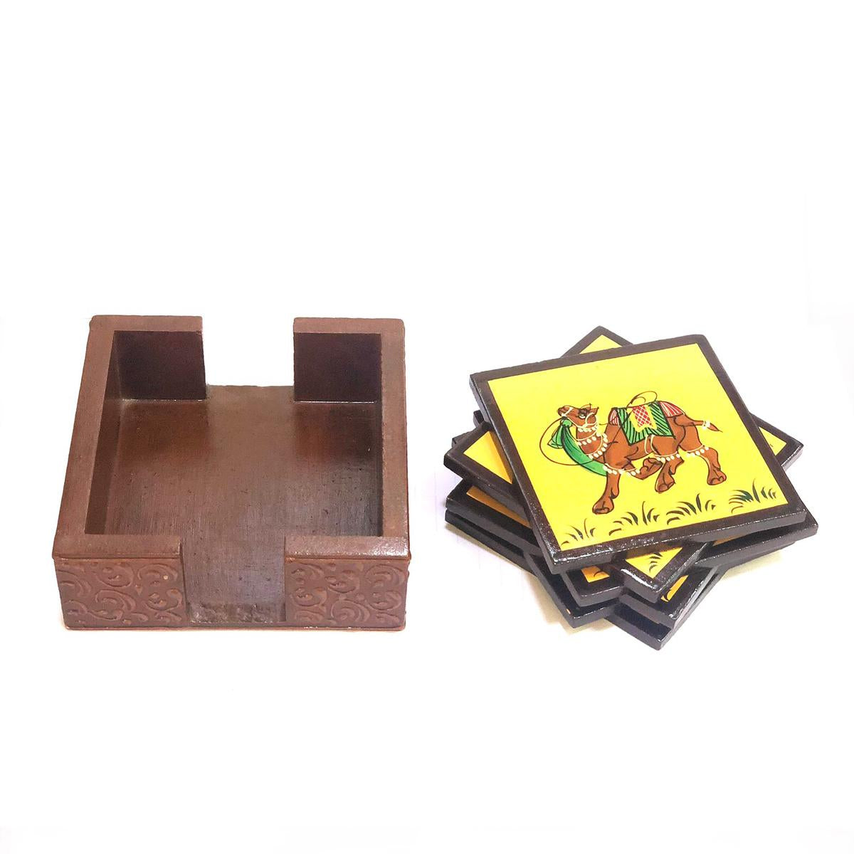 A dark brown carved wooden box with a matching stack of square coasters. The coasters have a bright yellow background and feature a hand-painted illustration of a brown horse with green and red details, bordered by black.