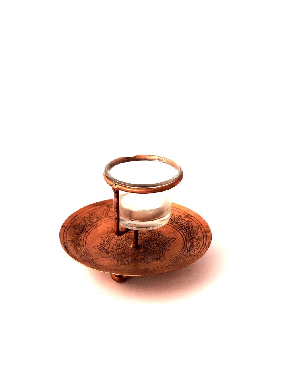 Metal Carving Plate With Glass Tea Light Holder Lightings Tamrapatra