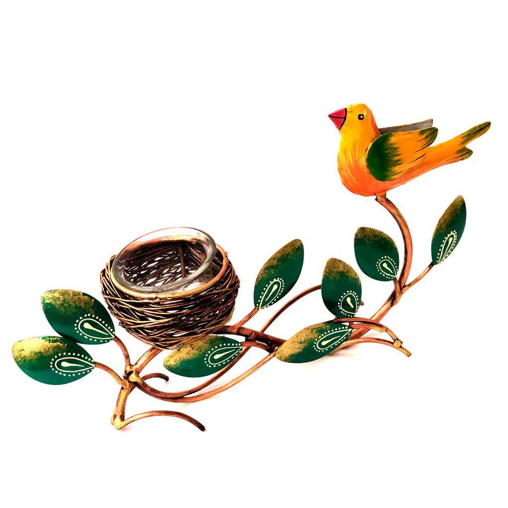 Bird With Nest Tea Light Holder Unique Combination Metal Tamrapatra - Tamrapatra