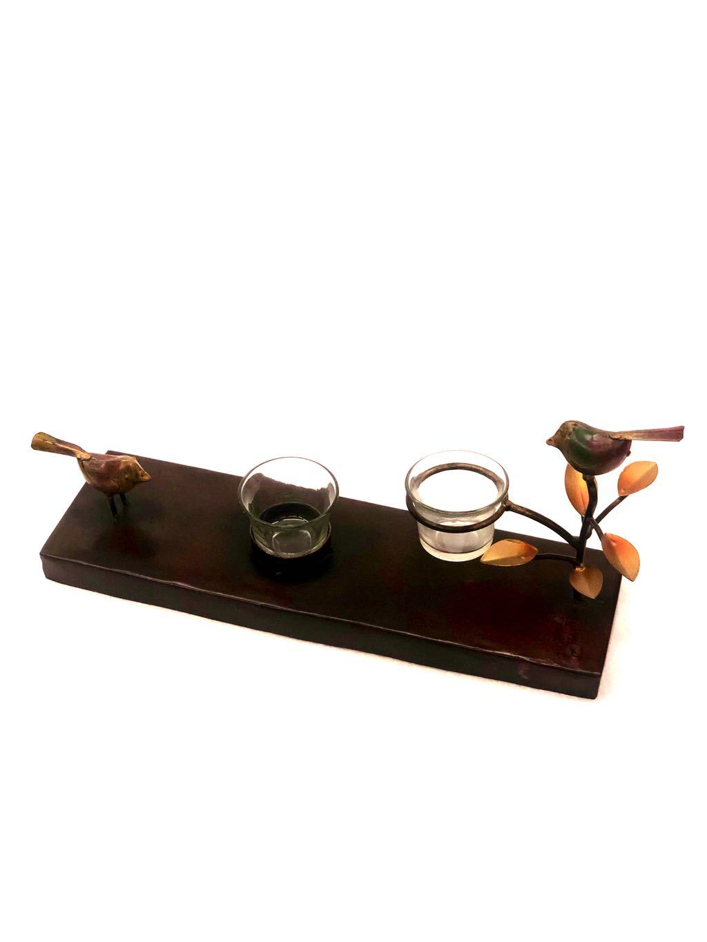 Sitting Sparrow On Leaf Branch Metal Tea Light Holder Lamp Handicrafts Tamrapatra