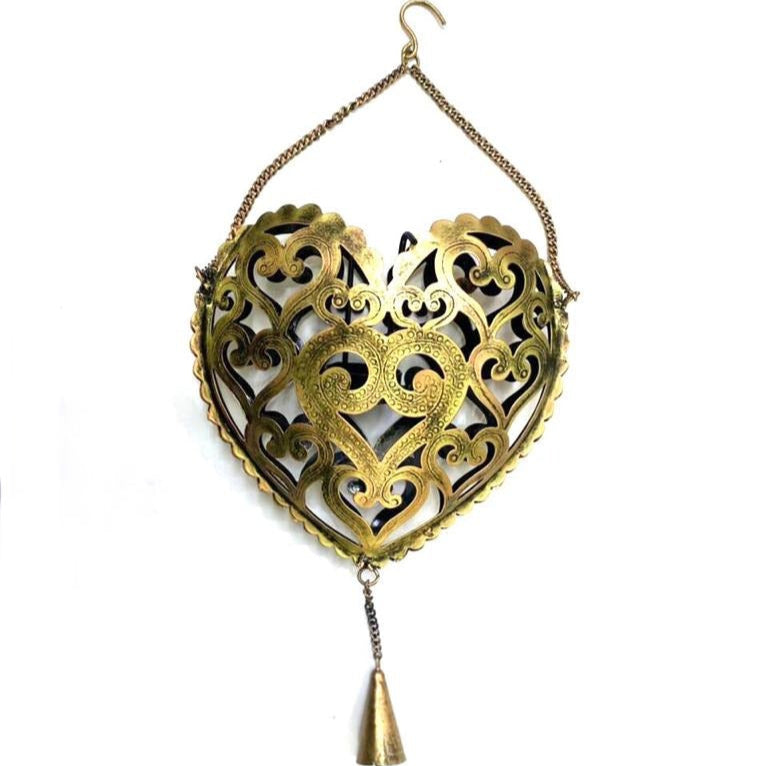 Heart Carving Metal Creations Tea Light Holder Hanging With Bell Tamrapatra