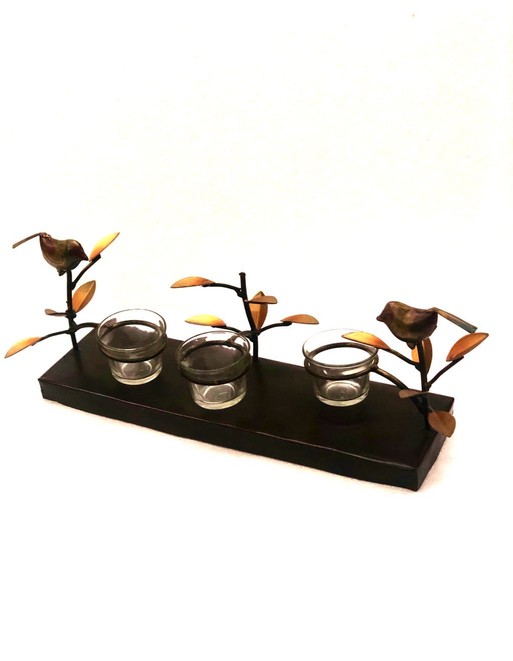 Sitting Sparrow On Leaf Branch Metal Tea Light Holder Lamp Handicrafts Tamrapatra