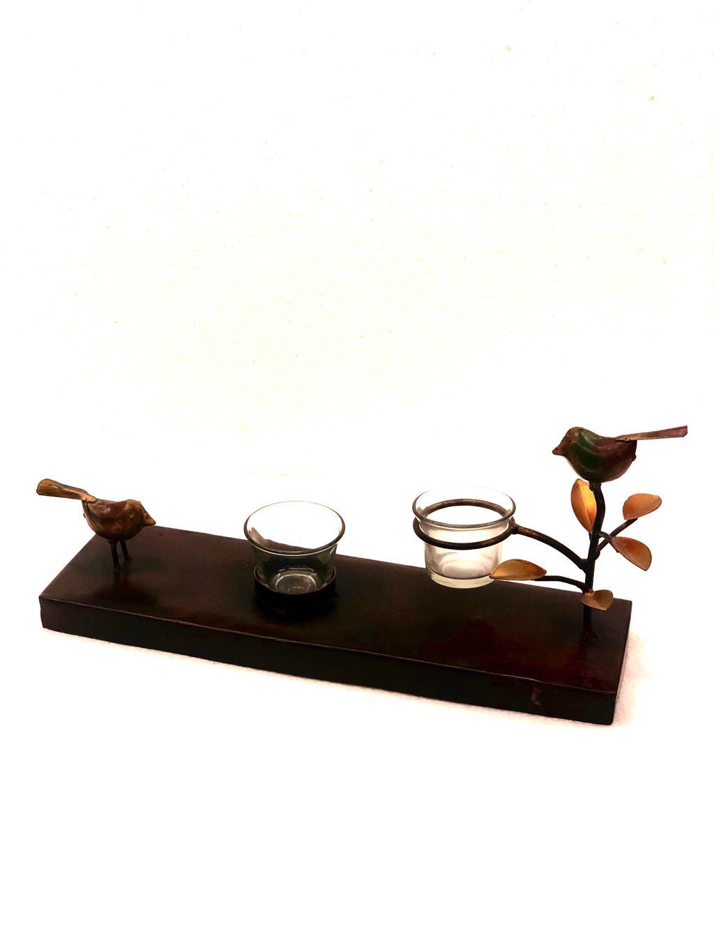 Sitting Sparrow On Leaf Branch Metal Tea Light Holder Lamp Handicrafts Tamrapatra