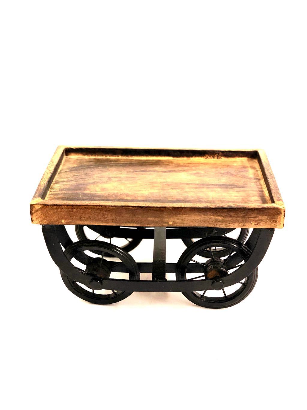 Moving Cart Platter Wooden Finish Natural Painted Black Wheels Tamrapatra