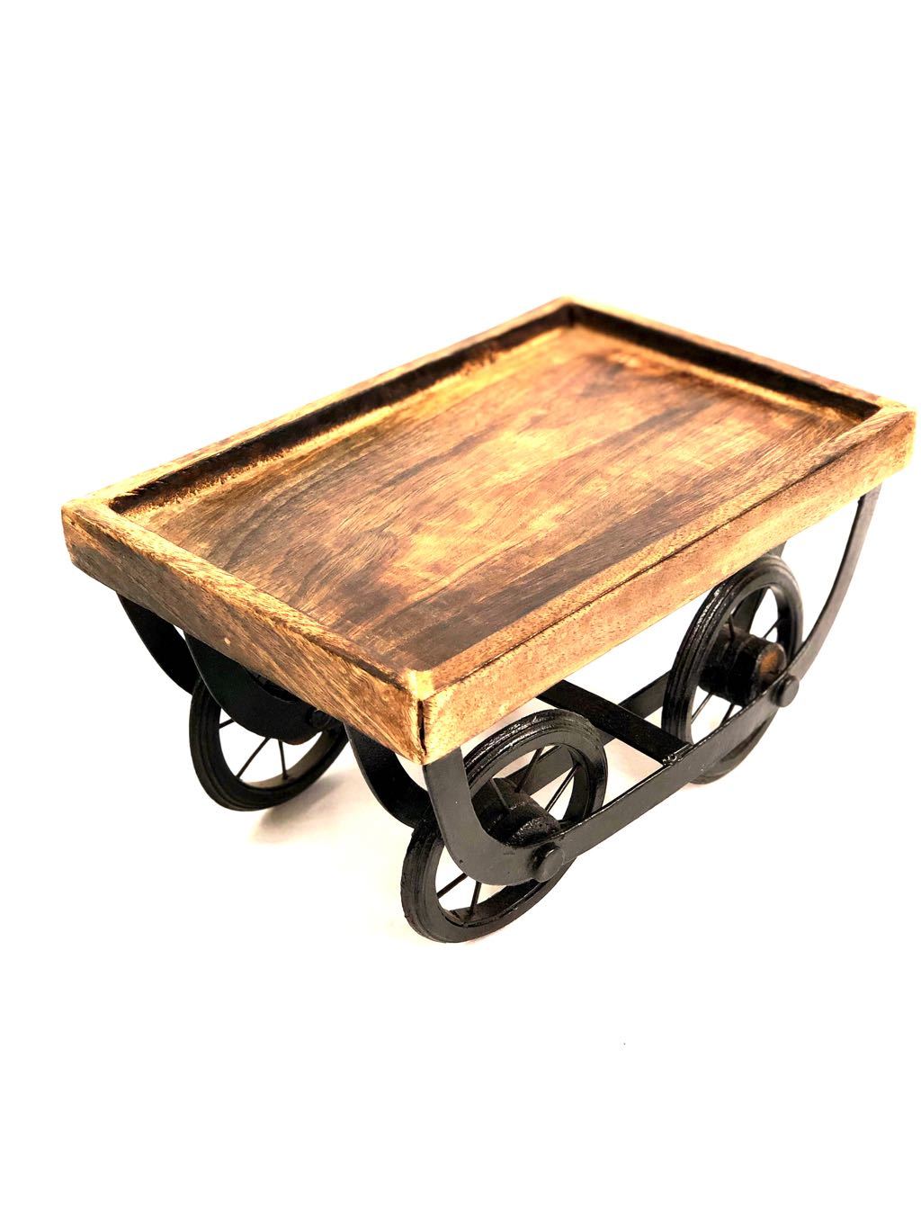 Moving Cart Platter Wooden Finish Natural Painted Black Wheels Tamrapatra