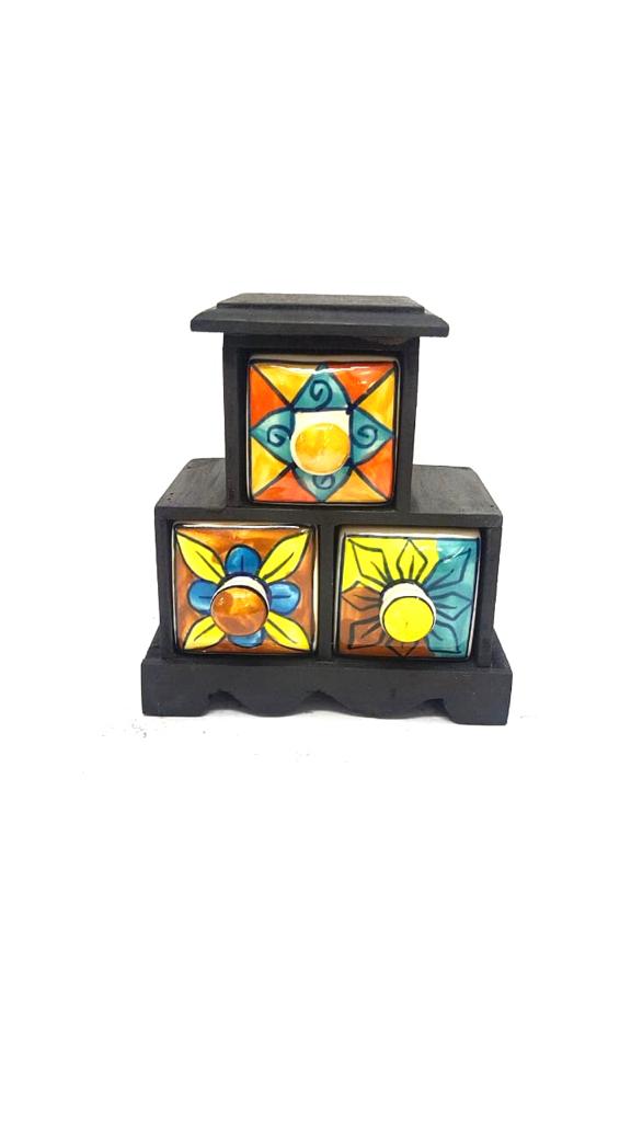 Elegant Black Ceramic 3 Drawers Wooden Contemporary Finish By Tamrapatra