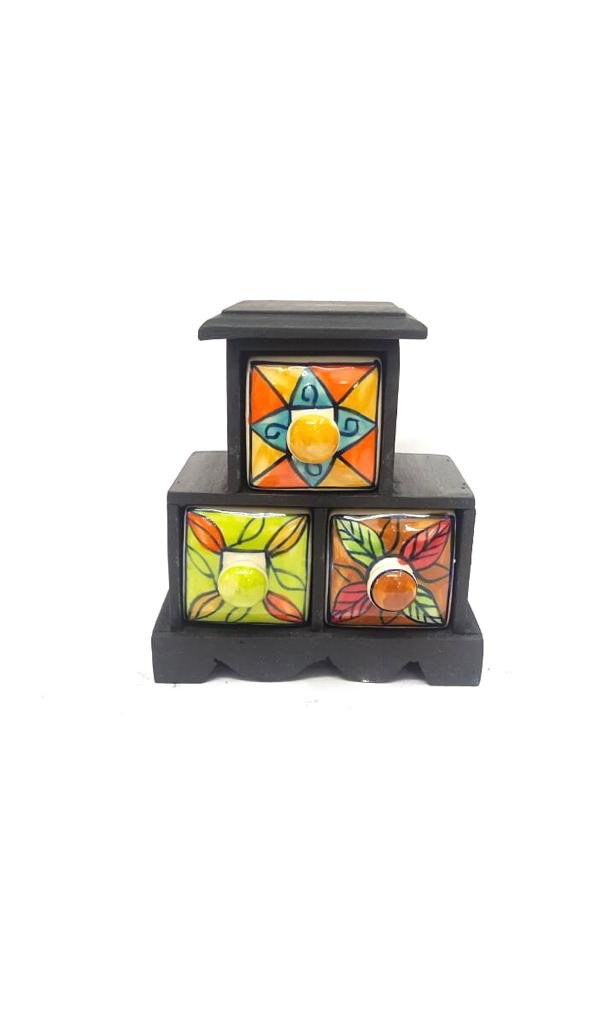 Elegant Black Ceramic 3 Drawers Wooden Contemporary Finish By Tamrapatra