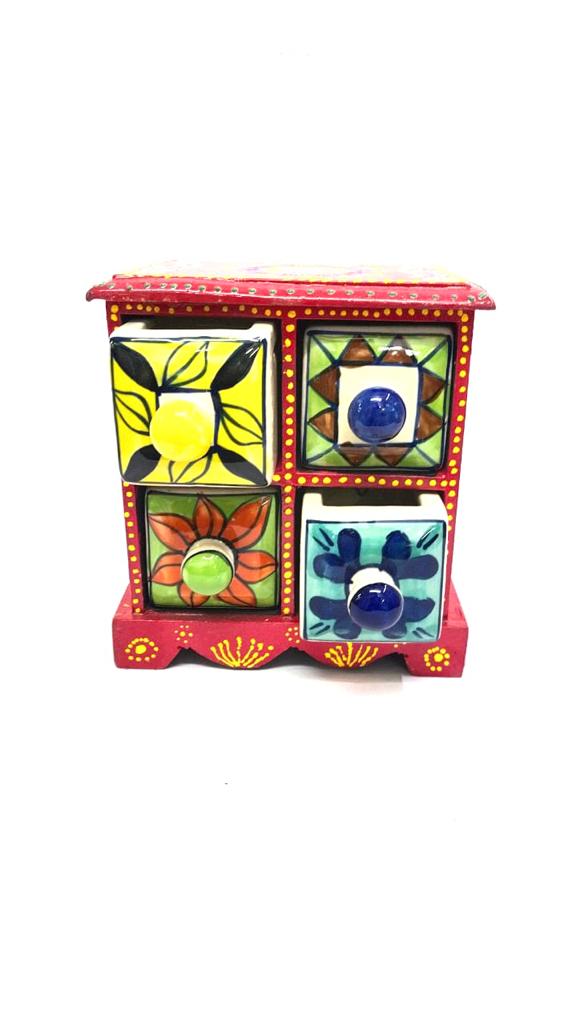 4 Ceramic Drawer Enclosed In Traditional Hand Painted Wooden Box By Tamrapatra