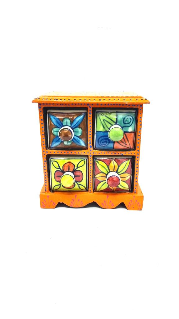 4 Ceramic Drawer Enclosed In Traditional Hand Painted Wooden Box By Tamrapatra