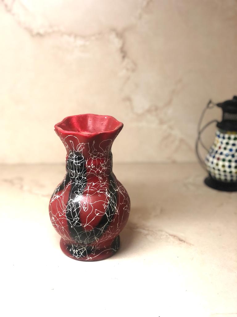 Ceramic Red Glazed Pot With Unique Designs Flower Decoration By Tamrapatra