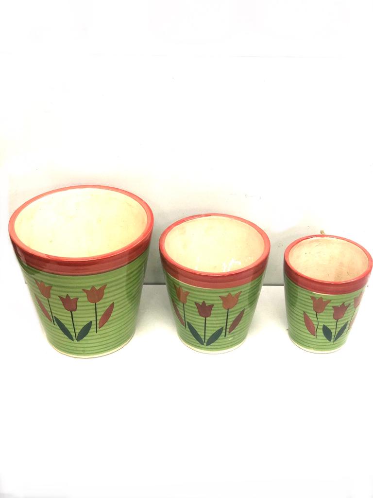 Ceramic Pots Bucket Set Of 3 For Natural Plants Outdoor Decoration Tamrapatra