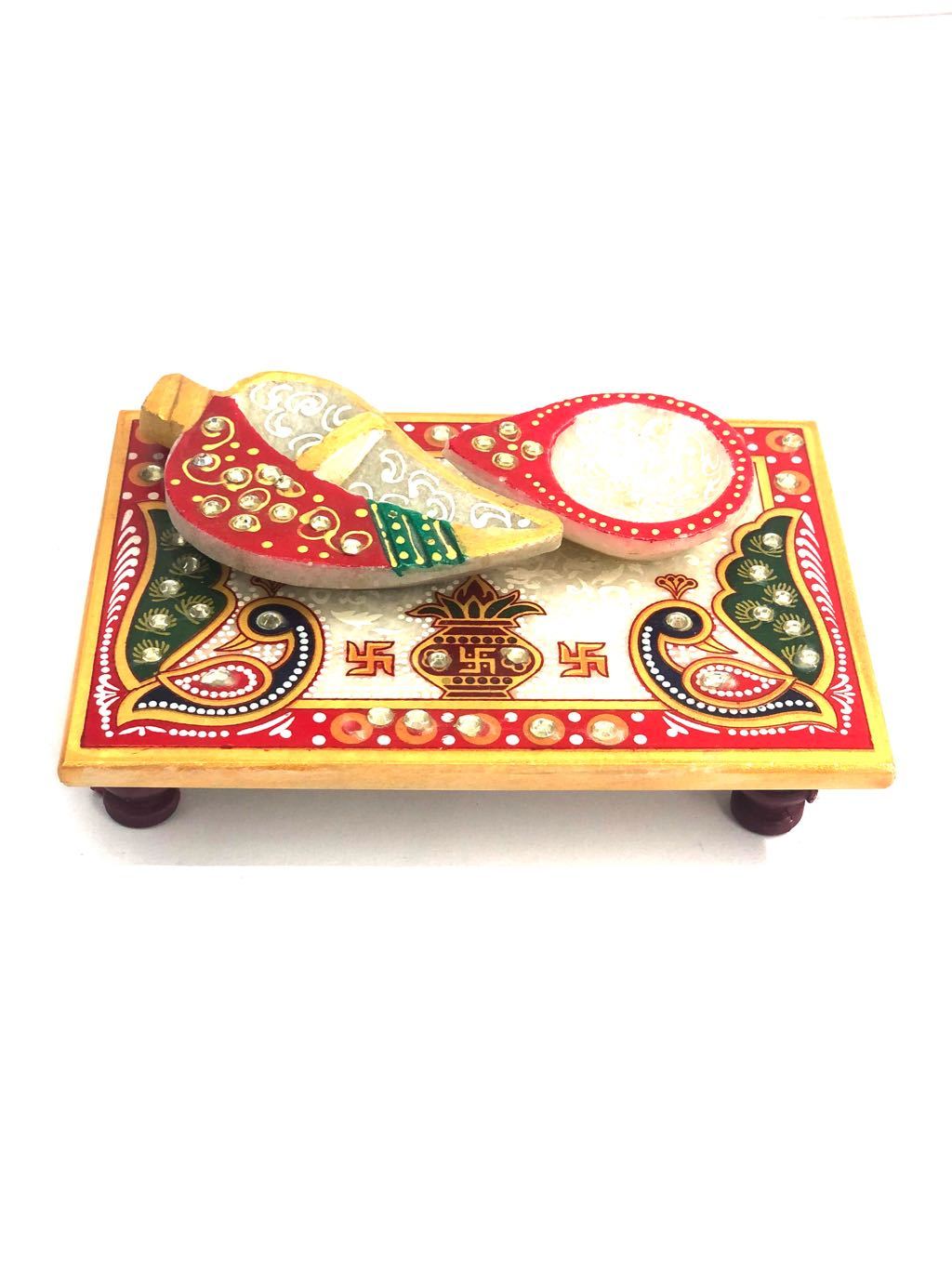 Chowki Pooja Accessories Marble Handmade Kundan Style Tamrapatra