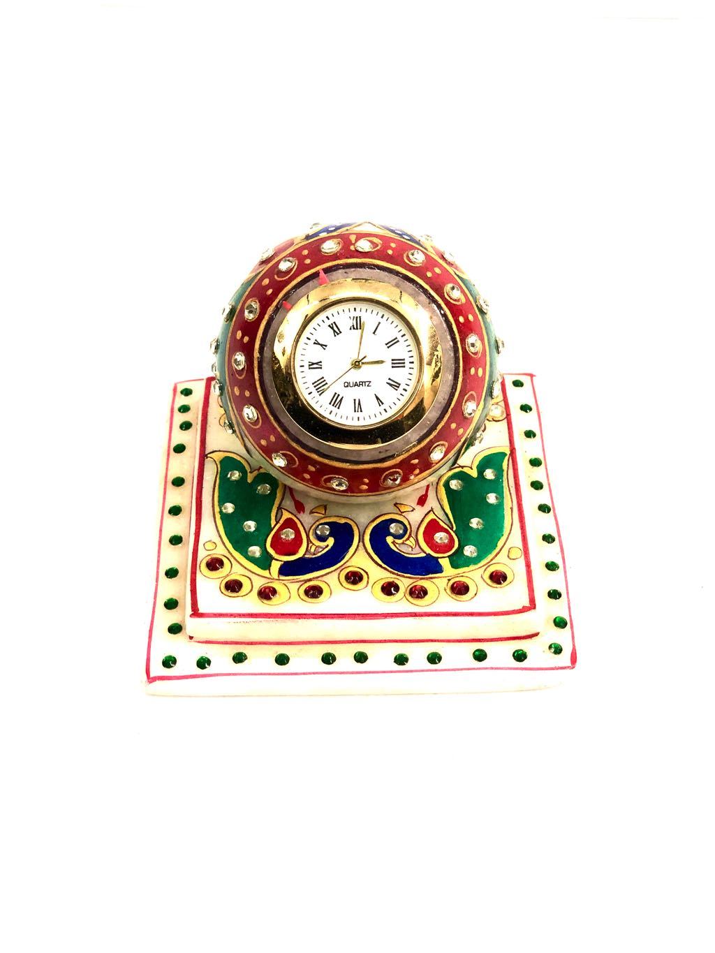 Round Ball Style Clock On Peacock Designed Plate Marble Art Tamrapatra