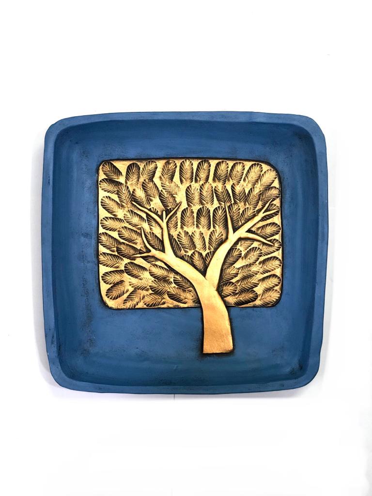 Square Copper Elements In Cobalt Blue Plates Set Of 5 Unique Art By Tamrapatra